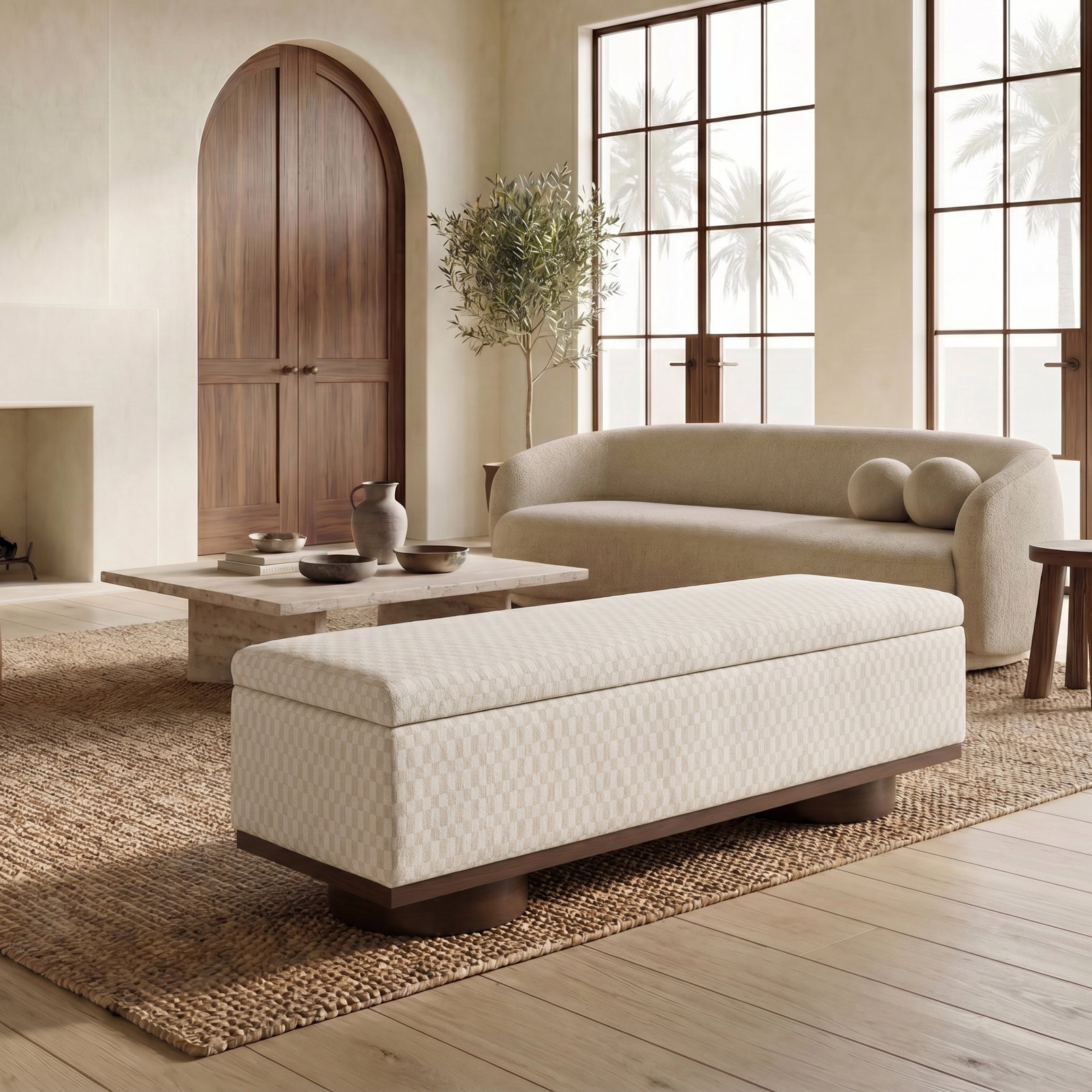 Morje 61" Linen Entryway Bench, Walnut, Taupe Boucle