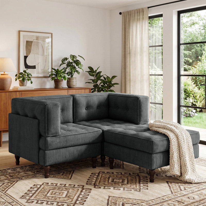 3 - Piece Upholstered Gray Tufted Corduroy Modular Sectional with Pillow Back and Removable Flip-Tray Top Storage Ottoman