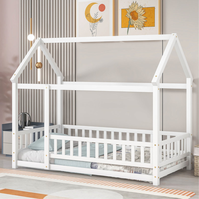 Thendara Floor Bed Frame, Wooden Platform Bed with House Roof Frame and Fence Guardrails, Twin, White