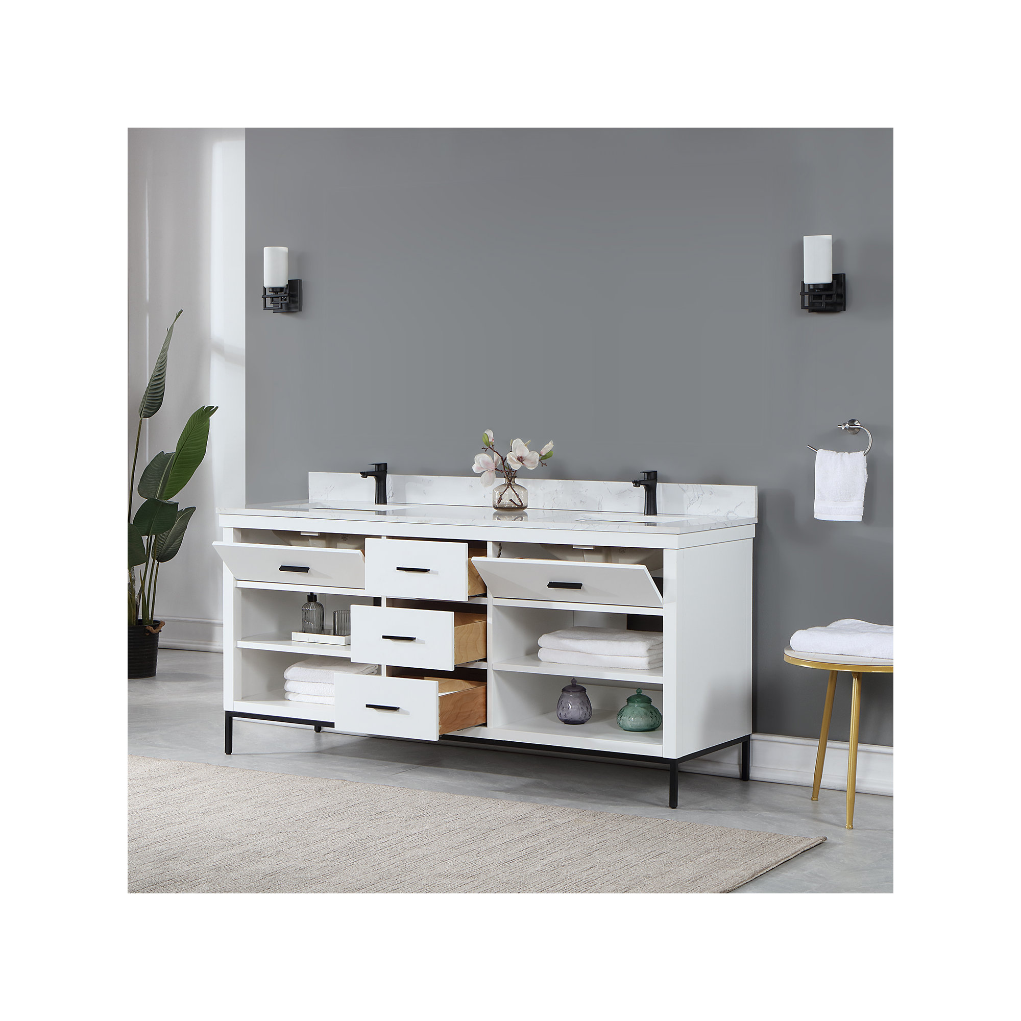 Adaire 72'' Double Bathroom Vanity, Matte Black, White