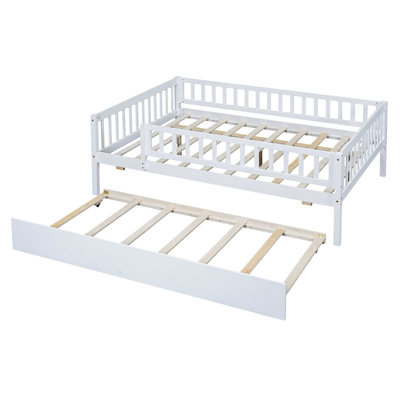 Lit de jour en bois avec couchette et barrière de sécurité, Blanc, Lit double