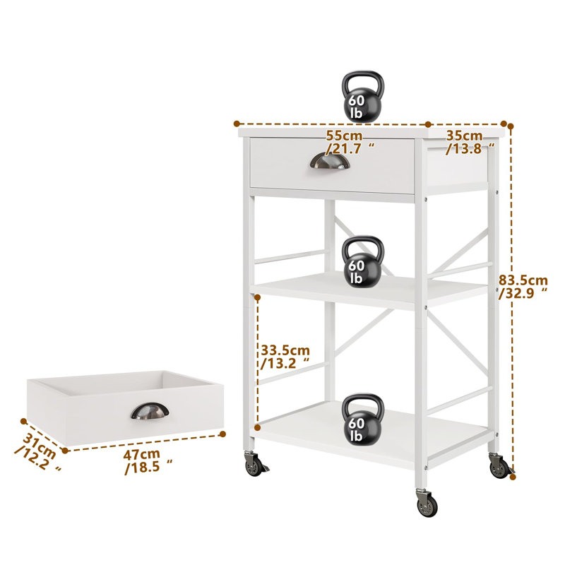 Kitchen Bakers Rack with Drawers, 3-Tier Microwave Oven Stand with Storage, Coffee Bar Table with Wheels, White