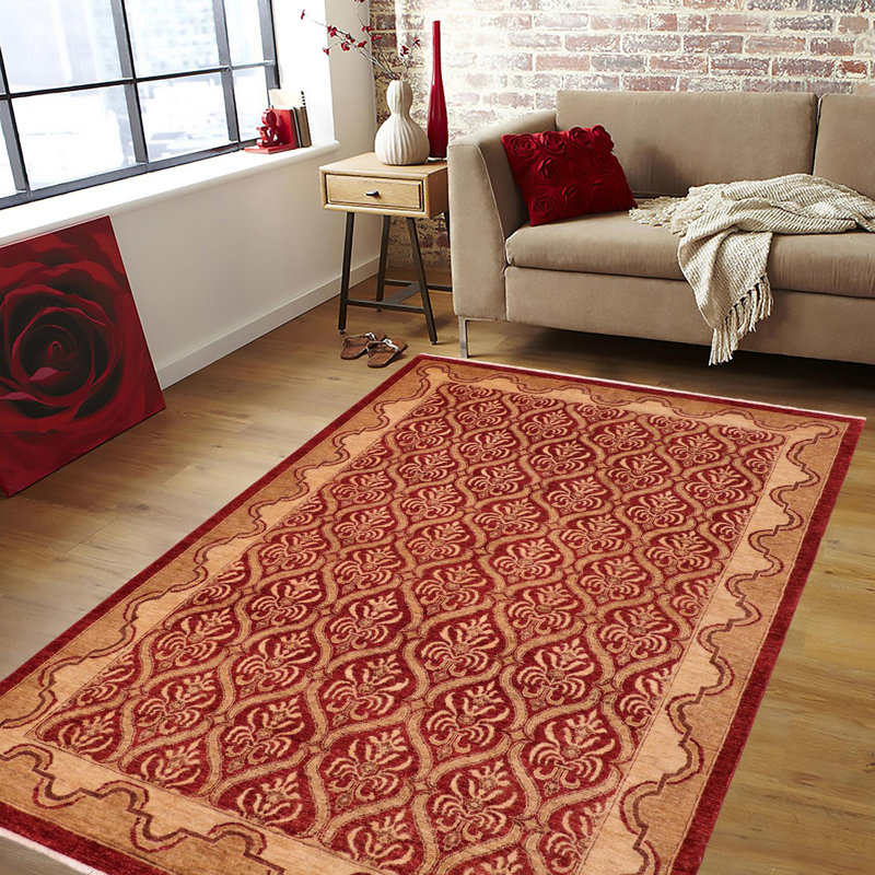 Tapis bourgogne / beige en laine noué à la main à motif géométrique 6 pi x 8 pi 1 po Braud