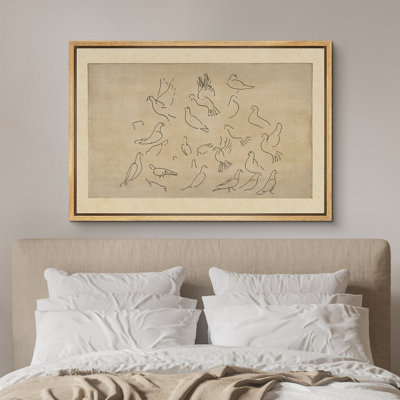 Illustration d'oiseaux animaux minimalistes, croquis d'oiseaux dessinés à la main sur fond beige rétro, images murales abstraites de bureau moderne, impression numérique sur toile giclée sur toile