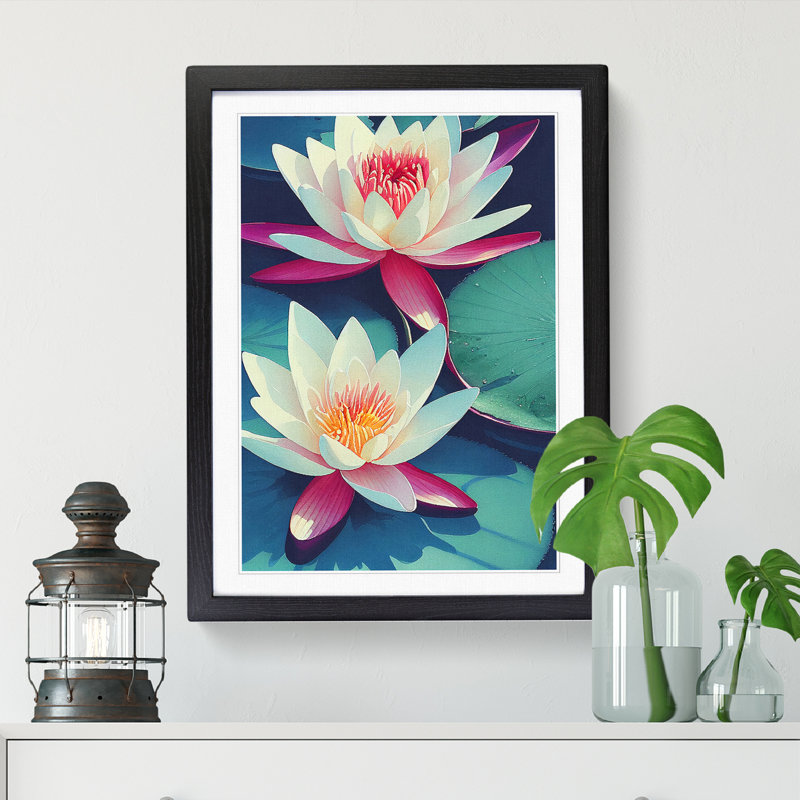 Watercolour Water Lily Flowers Vol.2 - Picture Frame Print, Black, 46cm H x 34cm W x 2cm D