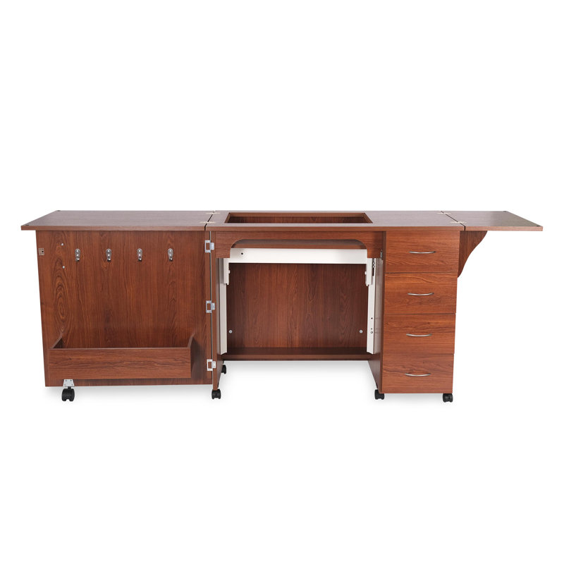 Teak Full-Size Sewing Cabinet with Hydraulic Lift and Drawers