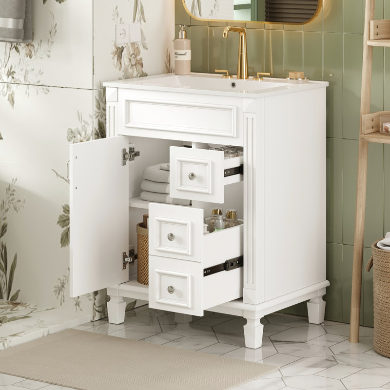 Meuble-lavabo moderne de 24 pouces équipé d'un lavabo en céramique, de 2 tiroirs et d'une tablette ajustable permettant de compter un petit espace de tiroirs de style français pour améliorer la salle de bain