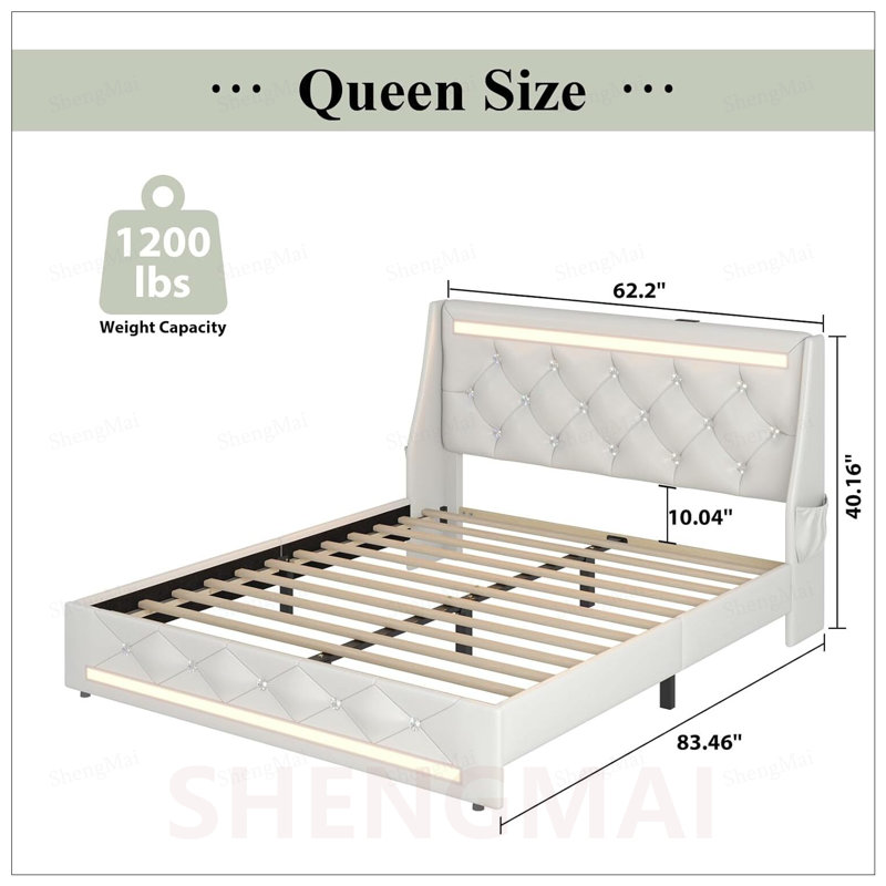 Base de lit grand format avec lumières DEL, station de charge et tête de lit à losanges pour un confort moderne, White, Queen