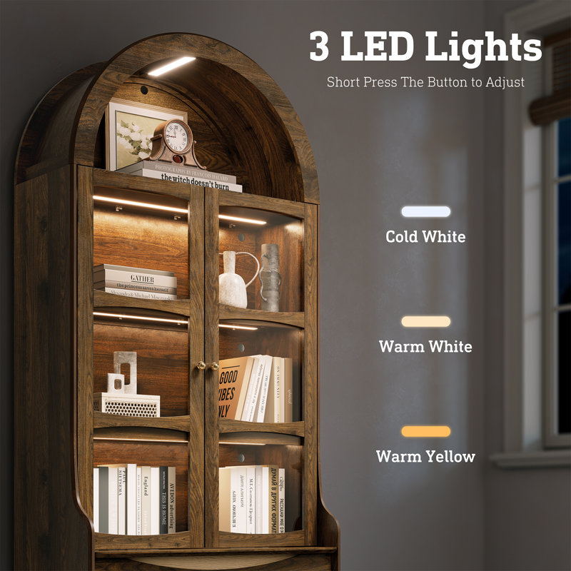 Arched Bookcase With Led Lights.73"Tall Modern Farmhouse Arched Bookcase With Glass Doors And Shelves,4-Tier Wooden Storage Cabinet With 2 Drawers For Living Room,Dining Room(Brown)