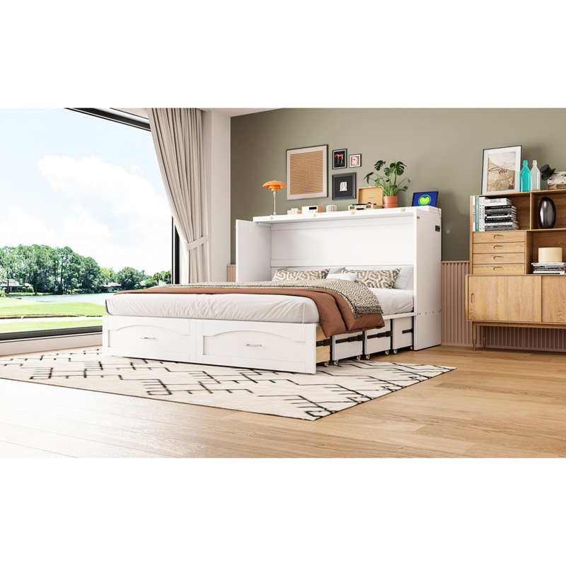 Queen Size Bed Wall Bed, White, With Drawer, Sockets, Ports, Pulley For Small In Space Compact Apartment