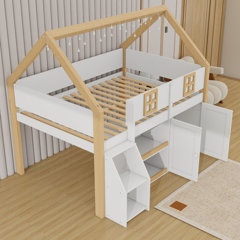 Wooden Low Loft Bed With LED Lights, Storage Shelf And Cabinets, Full