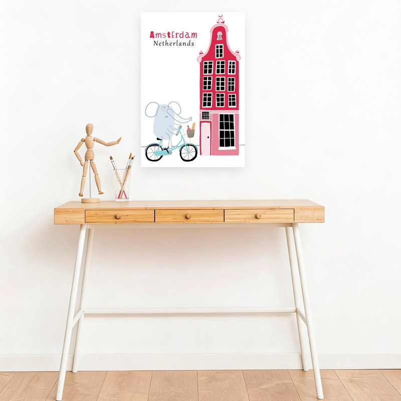 Cycling Elephant Amsterdam Whimsical Abstract Contemporary Elephant Architecture City Wall Art Print by Carla Daly - Wrapped Canvas Print