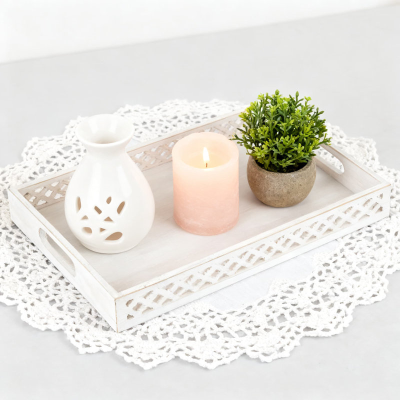 Wooden Serving Tray With Handles, Large Farmhouse Centerpiece For Coffee Table And Ottoman Decor