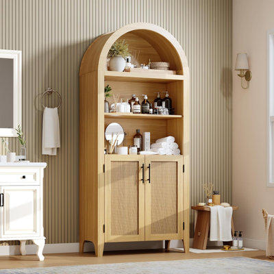 Arched 5-Tier Pantry Cabinet, Rattan Doors, Adjustable Shelf, Storage Cabinet for Kitchen, Dining & Living Room, Natural