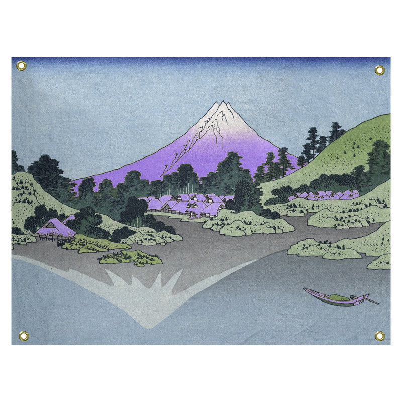 Tapisserie murale de Mont Fuji reflété dans le lac Kawaguchi, H 37,5 po x l 27,5 po, Mauve/vert
