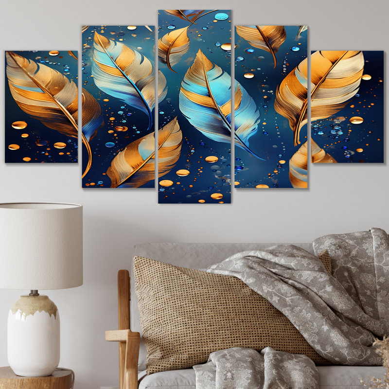 Boho Glam doré plumes sur bleu cosmique I - art mural sur toile de plumes - 5 panneaux