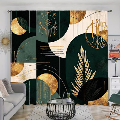 2Pcs Dreamy Abstract Geometric Gold Leaf Curtains, Dark Green White Modern Art Pattern, Rod Pocket Sun Blocking, Chic Boho Style, All-Season For Living Room Bedroom Study Window Decor