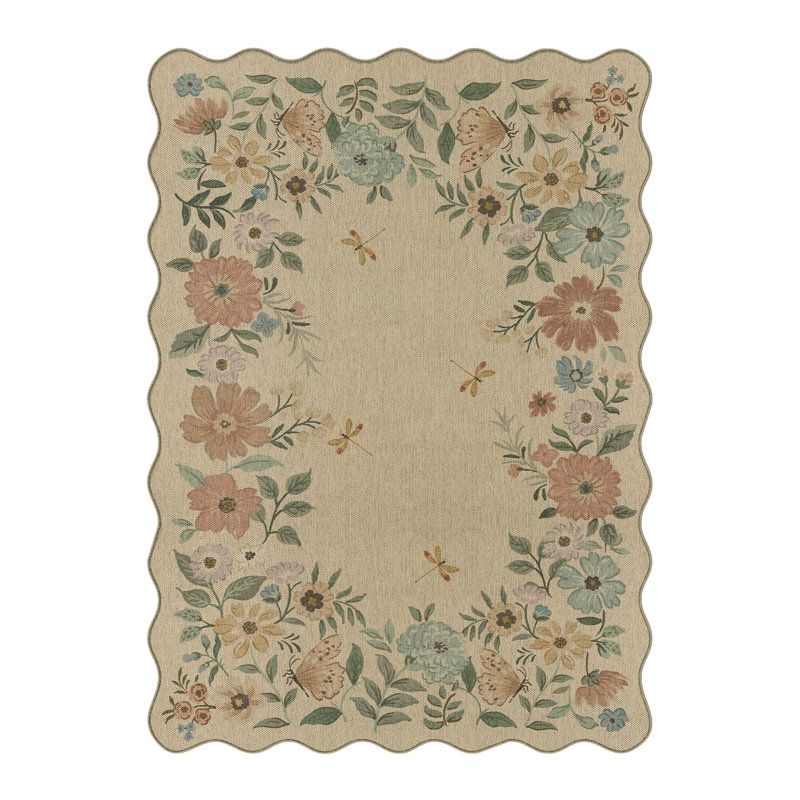 Botanical Floral Faux Linen Machine Washable Area Rug With Non-Slip Backing And Scalloped Edge, Rectangle 5' x 7'