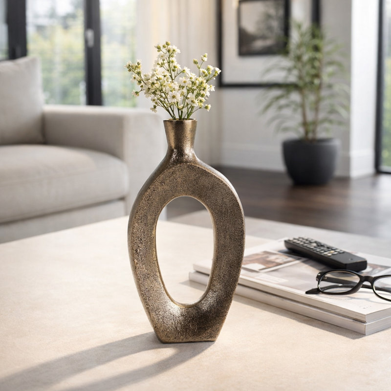 Vase moderne en métal à découpes pour décoration intérieure - Grand vase à fleurs pour table basse, décoration de cheminée ou tablette - 8 po, doré