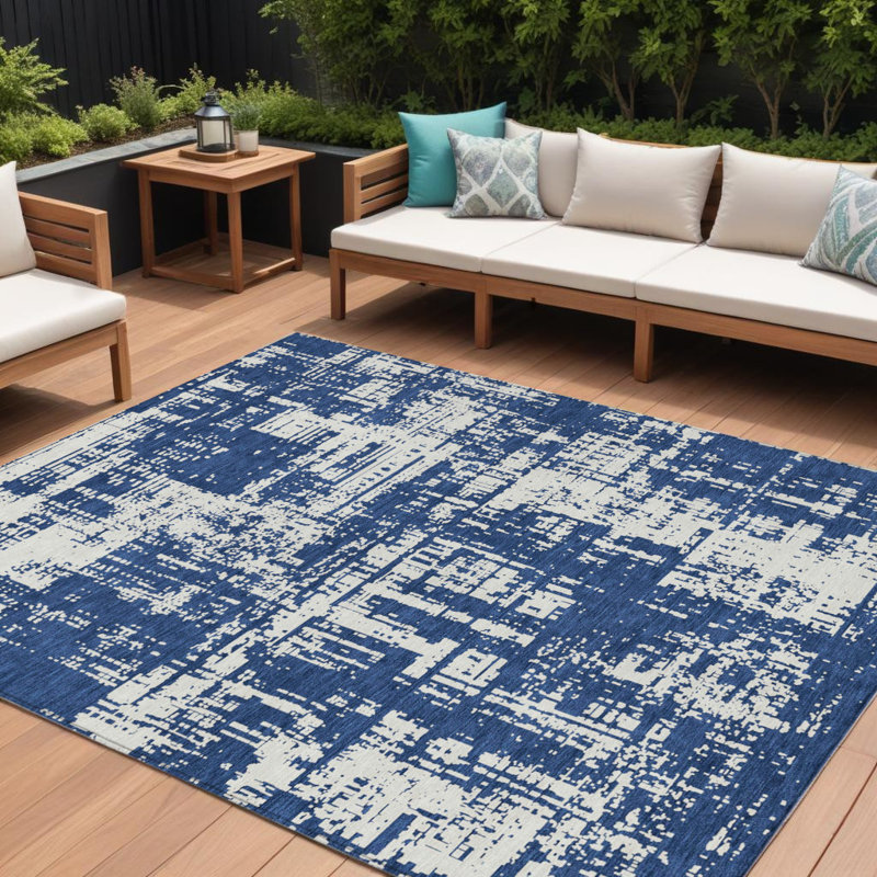 Tapis extérieur lavable abstrait bleu marine et ivoire 9 pi x 12 pi