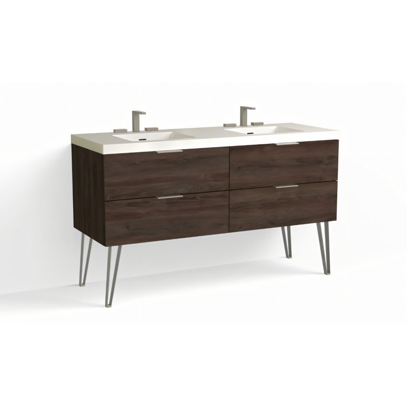 Avila 60" W Freestanding Double Bathroom Vanity with Dawson Leg, Gloss White/8" Widespread, Satin Nickel, Biondo