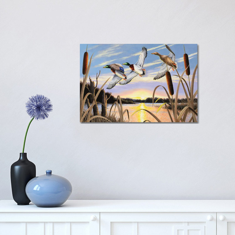 «Ducks» par Bob Schmidt - peinture sur toile tendue, H 12 po x l 18 po x 1,5 po