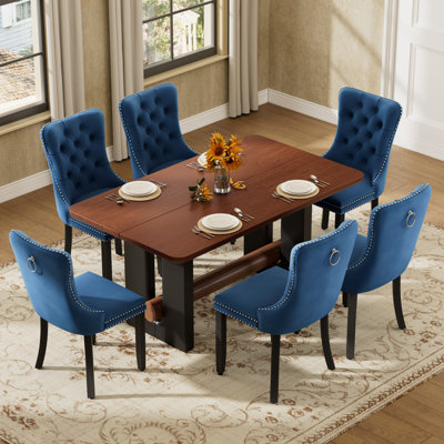 Modern Walnut Dining Table Set with 4/6 Velvet Chairs, MDF & Solid Wood for Small Spaces, Kitchen, Dining