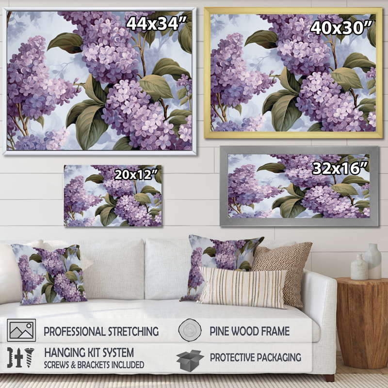 Mauve et lilas gris, fleurs parfumées III - art mural floral, H 12 po x l 20 po x P 1 po, Toile tendue