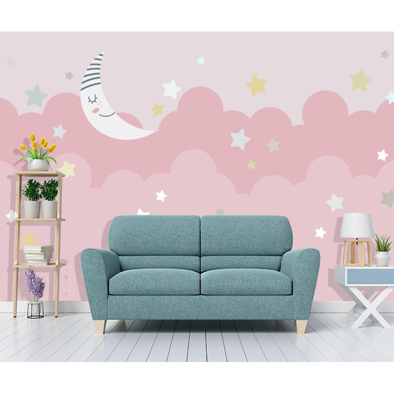 Caricature de papier peint amovible rose ciel et petites étoiles, L 9 po x l 15 po