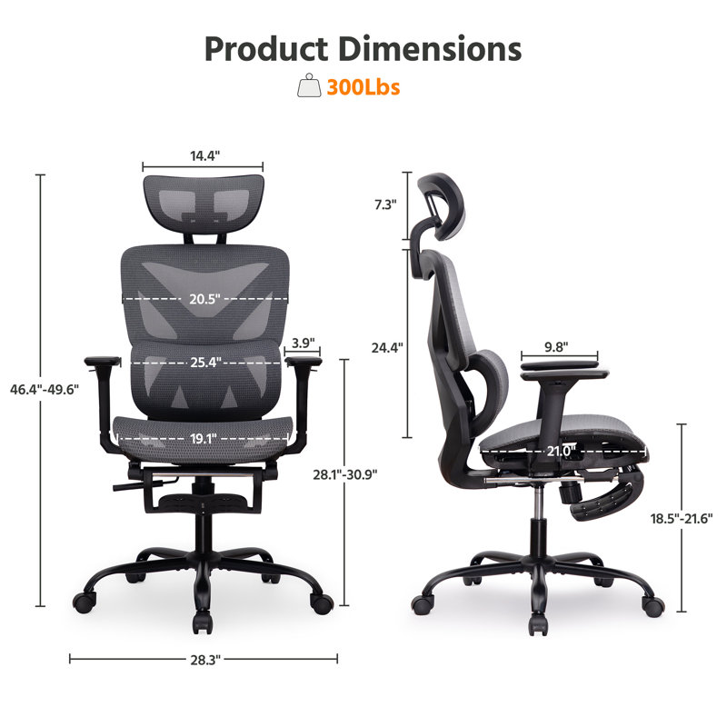 Chaise de bureau ergonomique en filet avec support lombaire réglable et accoudoirs rembourrés pour 300 lb