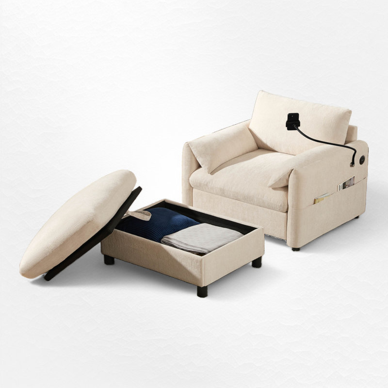 Upholstered Accent Armchair With Storage Ottoman, Beige
