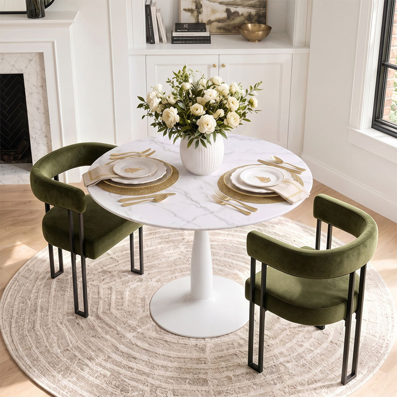 Ensemble de table de salle à manger pour 2 personnes avec table ronde et 2 fauteuils rembourrés en velours, Vert