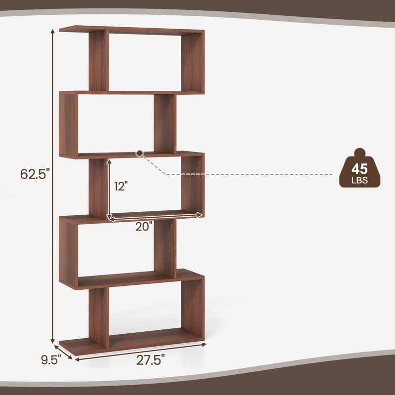 Bibliothèque géométrique en bois manufacturé à 5 niveaux H 62,5 "H 27,5" Rufio, Noyer