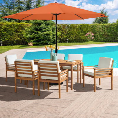 Arjay 8 Pc Patio Dining Set Wood One 63" Table Chairs With Cushions And 1 10-Foot Tilt Umbrella
