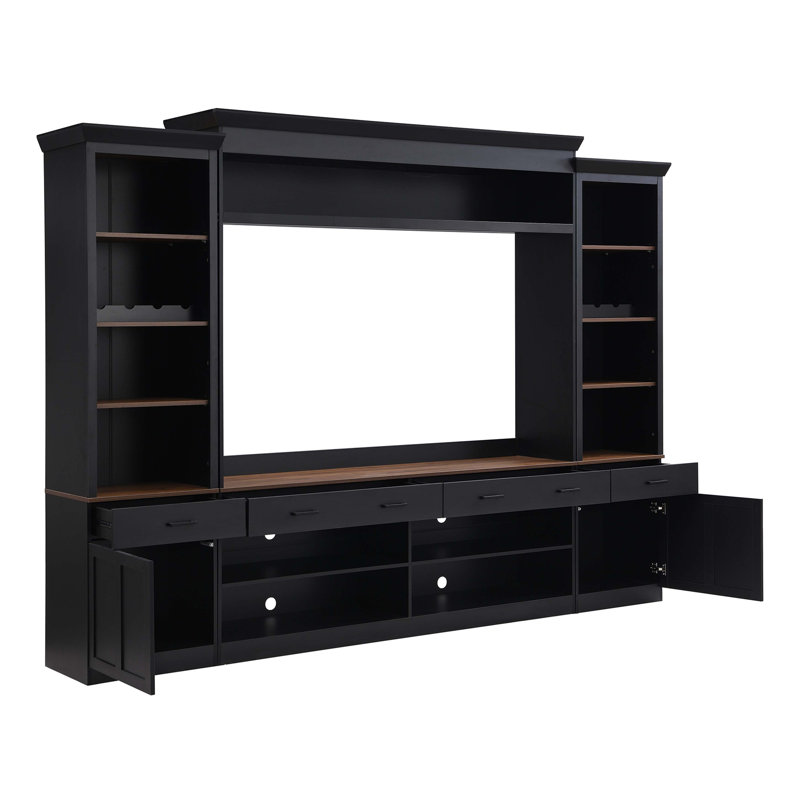 Farmhouse 4-Piece Entertainment Wall Unit Set with Bookshelf for TVs Up to 70", Walnut TV Stand with Adjustable Shelves, Mid-Century Large Media Console with Wine Rack for Living Room