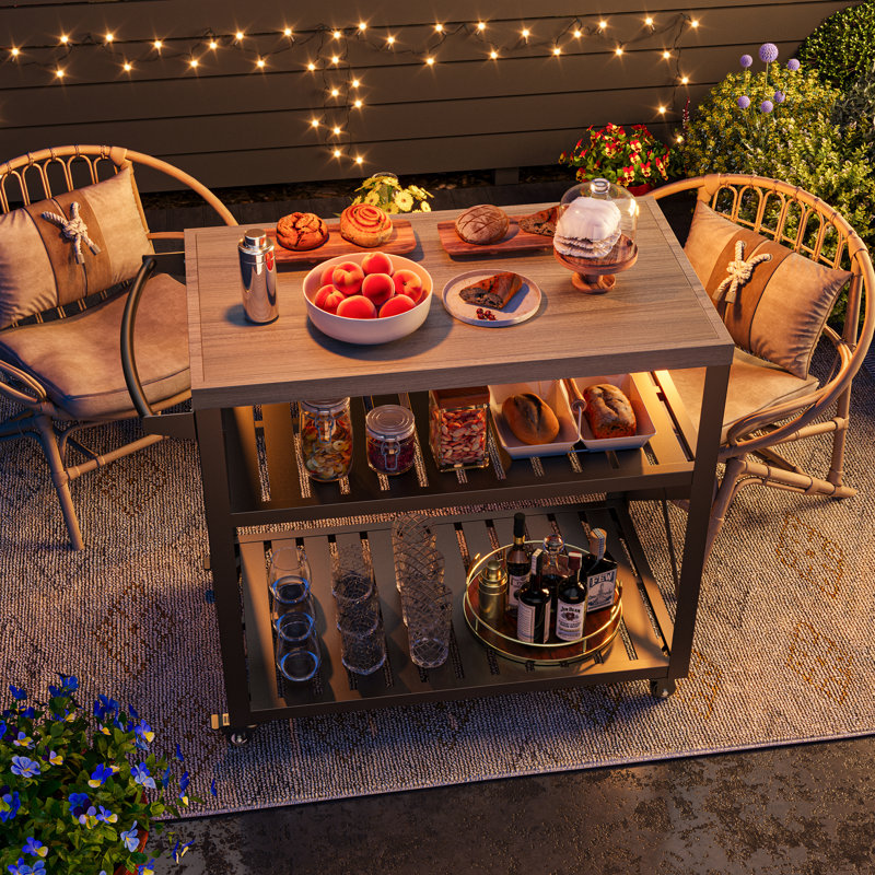 Carvajal Portable Outdoor Kitchen Island Grill Cart With Locking Wheels, Wood Looking Countertop And Handle