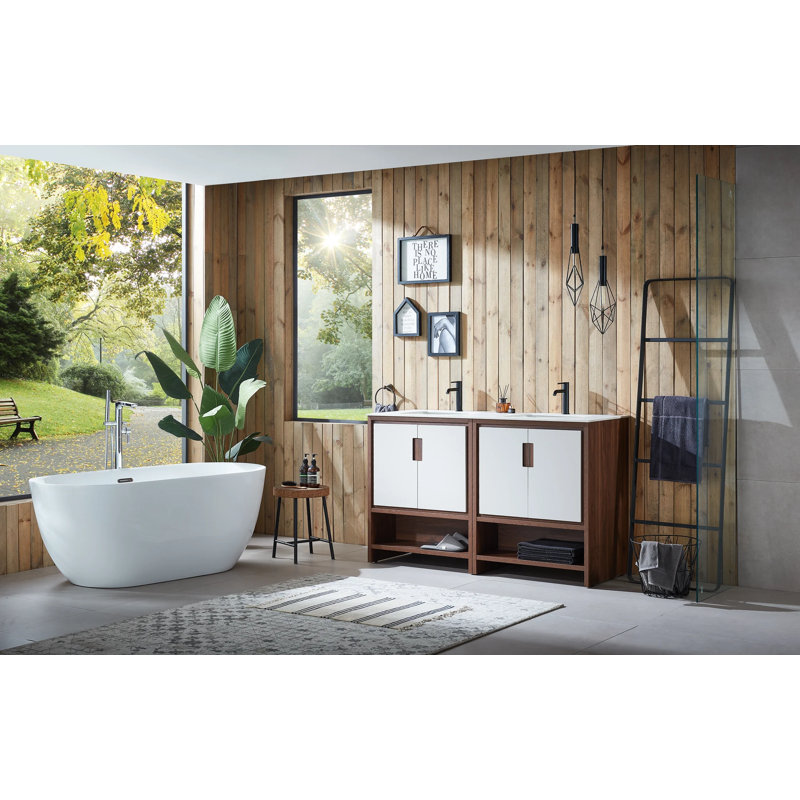 Tomesia 60" Veneer Plywood Bathroom Vanity with Engineered Stone Top, Black of Night/Maple, White