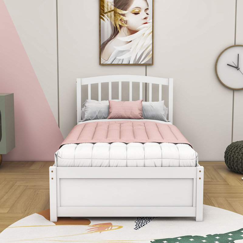 Twin Wood Platform Bed with Twin Trundle, White