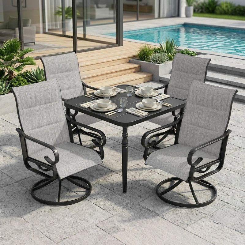 5-piece Padded Textilene Patio Dining Set With Umbrella Hole, Swivel Design, 28.7" H x 37" W x 37" D, Gray