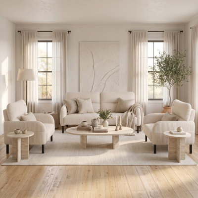 3-Piece Corduroy Living Room Sofa Set, Upholstered Loveseat with 2 Matching Accent Chairs, Modern Couch Set with Side Storage Pockets & Solid Wood Frame for Home & Apartment