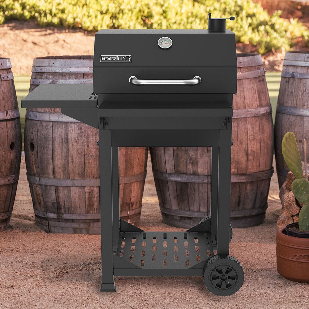 Nexgrill Cart-Style Charcoal Grill in Black with Side Shelf and Foldable Front