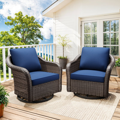 Polyethylene (PE) Wicker Wicker Outdoor Handrails Shaped Steel 2-Armrest Sviwel Rocker Chairs with Blue Cushion
