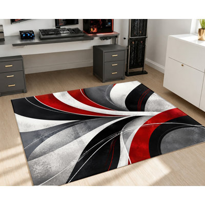 Abstract Geometric Area Rug, Red Black White Swirl Pattern, Artistic Design, Non-Slip Floor Carpet, Modern Indoor Home Decor for Living Room, Bedroom, Entryway, Front Door, Kitchen, Balcony, Apartment