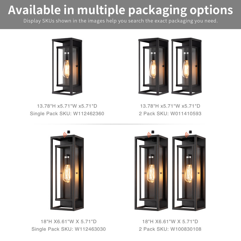 Polikron Classic 18'' H 1-Light Outdoor Wall Sconce, Black Metal with Clean Glass, Dusk to Dawn, Matte Black, Set of 2