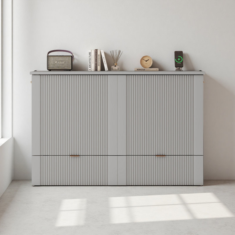 Lit escamotable double avec tiroir et un ensemble de prises et ports USB, structure de poulie