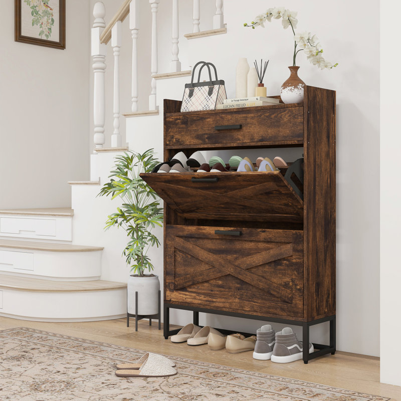 Armoire à chaussures étroite avec 2 portes rabattables et un tiroir supérieur