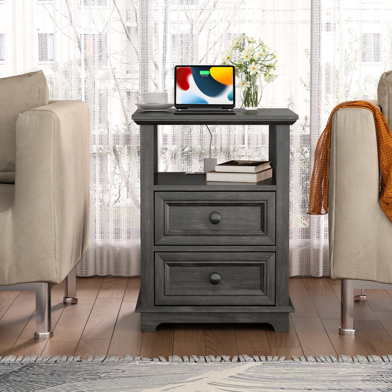 Azella Frame 2 End Table Set with Storage and Built-In Outlets, Black Top/Black Base