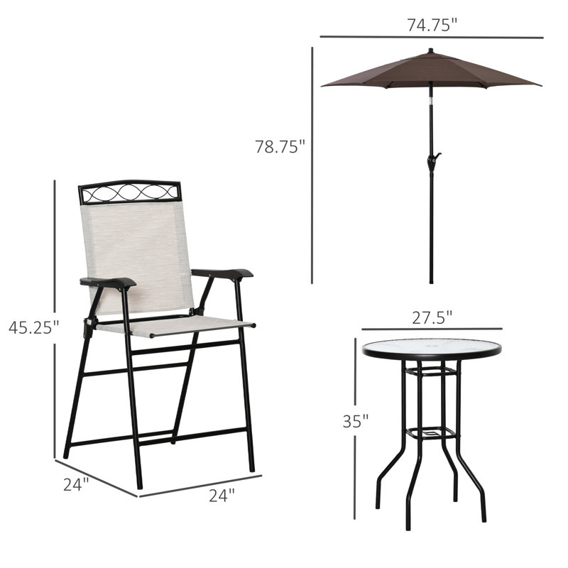 Ensemble de repas de 4 pièces pour terrasse - Beige. 2 chaises pliantes, parasol ajustable, table en verre texturé ondulé. Parfait pour une terrasse, une piscine ou un jardin. Structure en acier, cadre en matériau respirant.