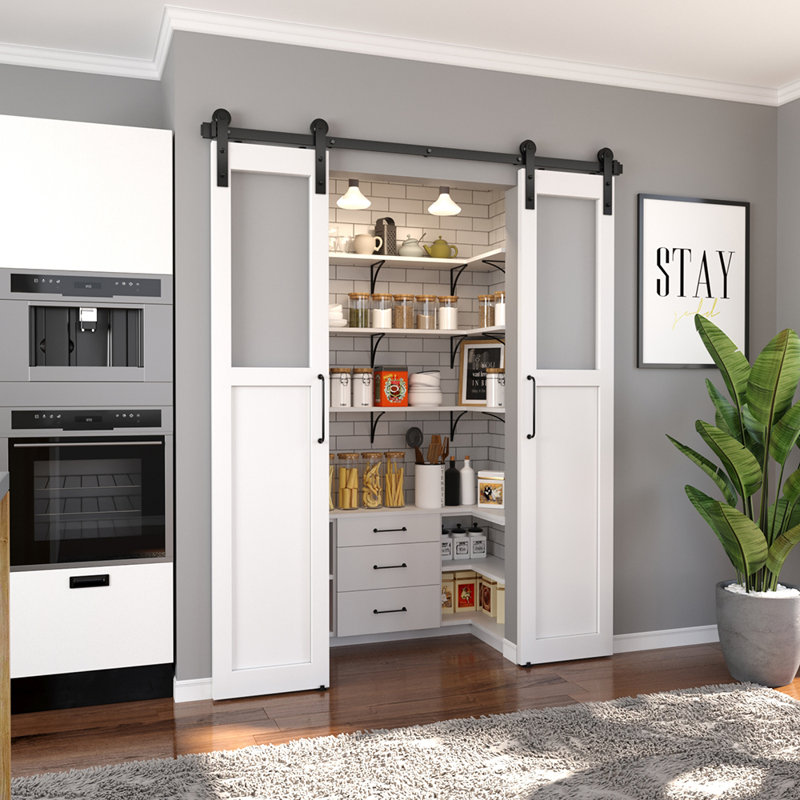 Matte Black Double Barn Door Hardware Track Kit with I-Strap Rollers