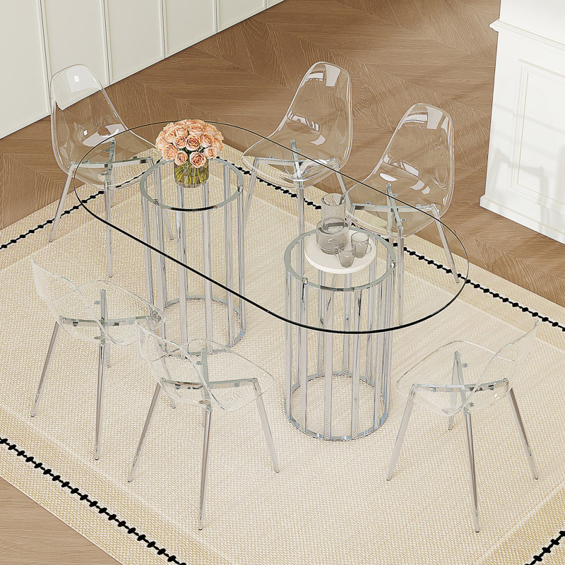 Ensemble table et chaises. Table de salle à manger ovale en verre trempé de 180 cm., Transparent / Silver